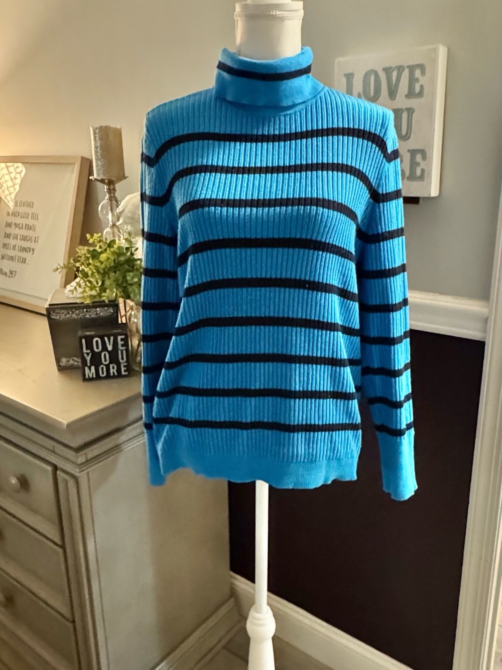 Talbots Petite Bright Blue Ribbed Sweater with Black Accent